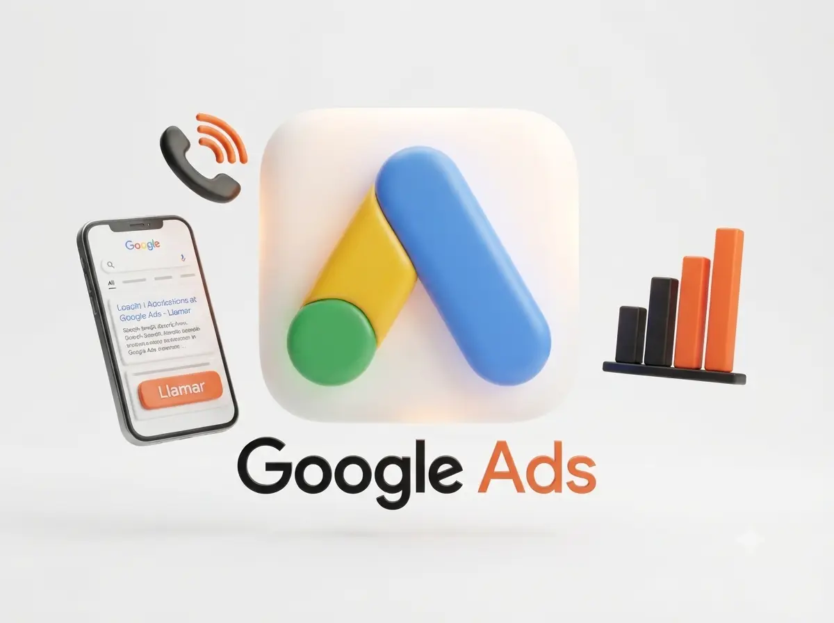 Google Ads: móvil con un anuncio de búsqueda y un gráfico de llamadas creciendo